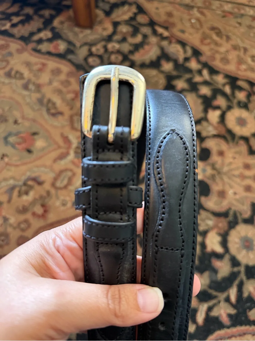 Cabelas Mens black leather belt with silver buckle